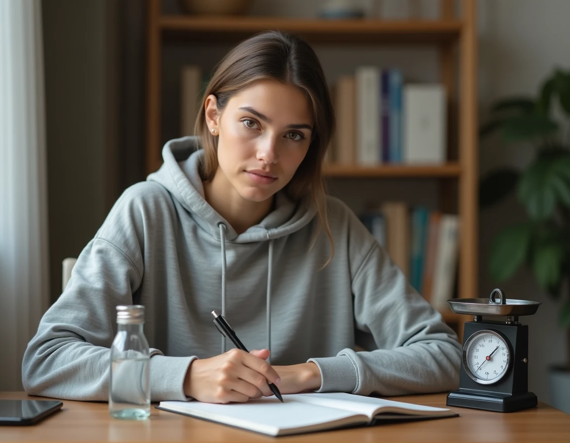 Jeune femme prenant des notes sur les conversions litre en kilogramme avec une bouteille d'eau et une balance sur son bureau