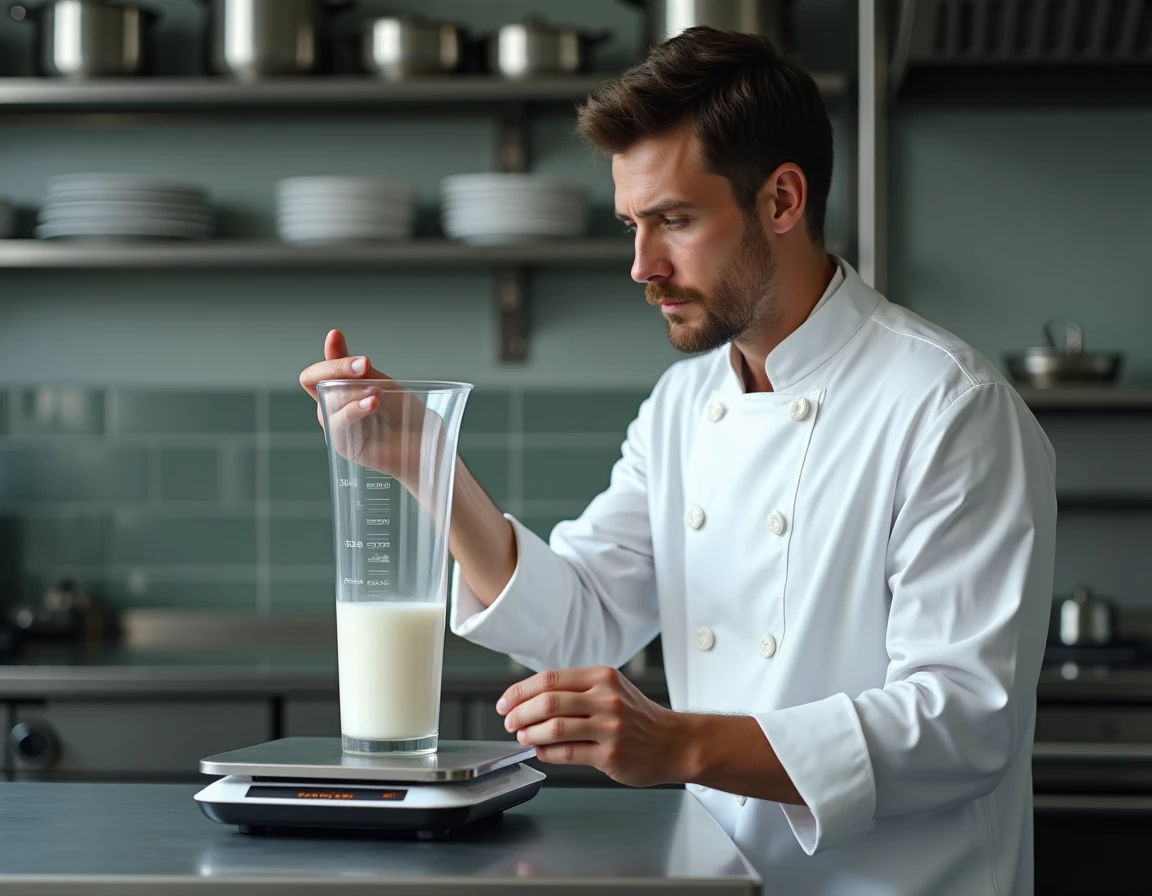 Chef cuisinier comparant le volume en litres et la masse en kilogrammes du lait dans une cuisine professionnelle