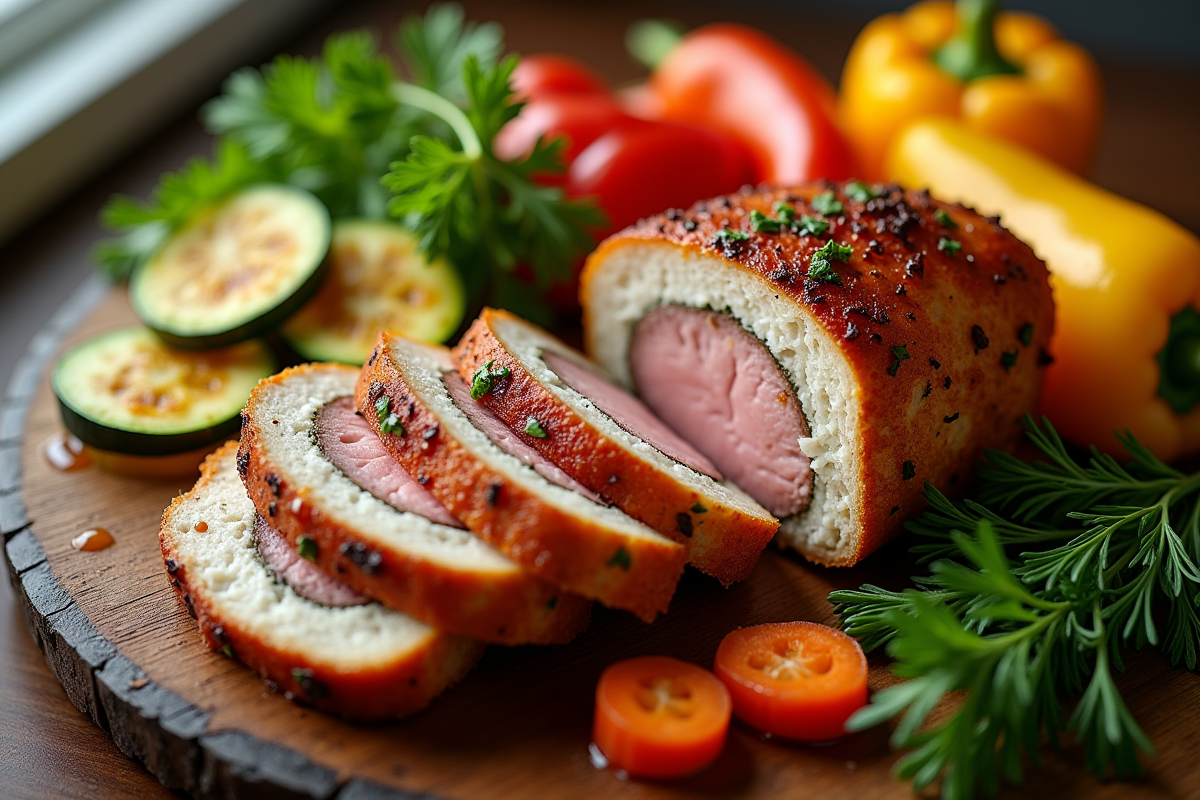 Cordon bleu tranché avec légumes grillés sur table en bois