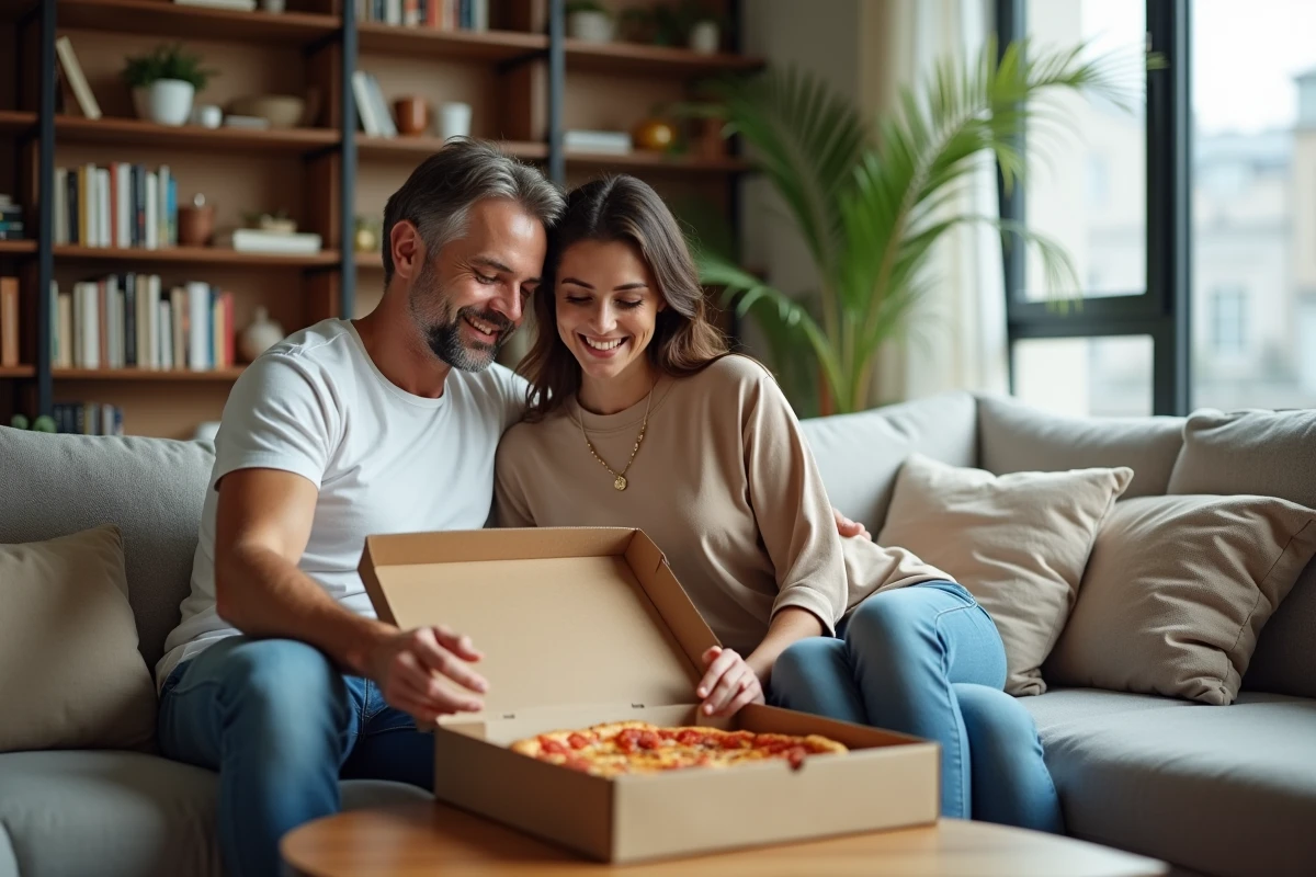 Couple ouvrant une boîte de pizza livrée à domicile dans un salon moderne, illustrant l'expérience client de la livraison de pizza combinée avec Mypizzadoor