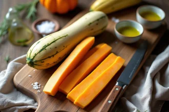 Courge longue de Nice coupée en bâtonnets de frites sur une planche en bois rustique avec couteau de chef et huile d'olive