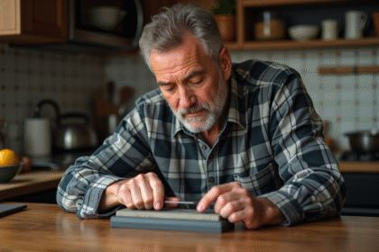 Homme d'âge moyen affûtant un couteau de cuisine dans une cuisine chaleureuse