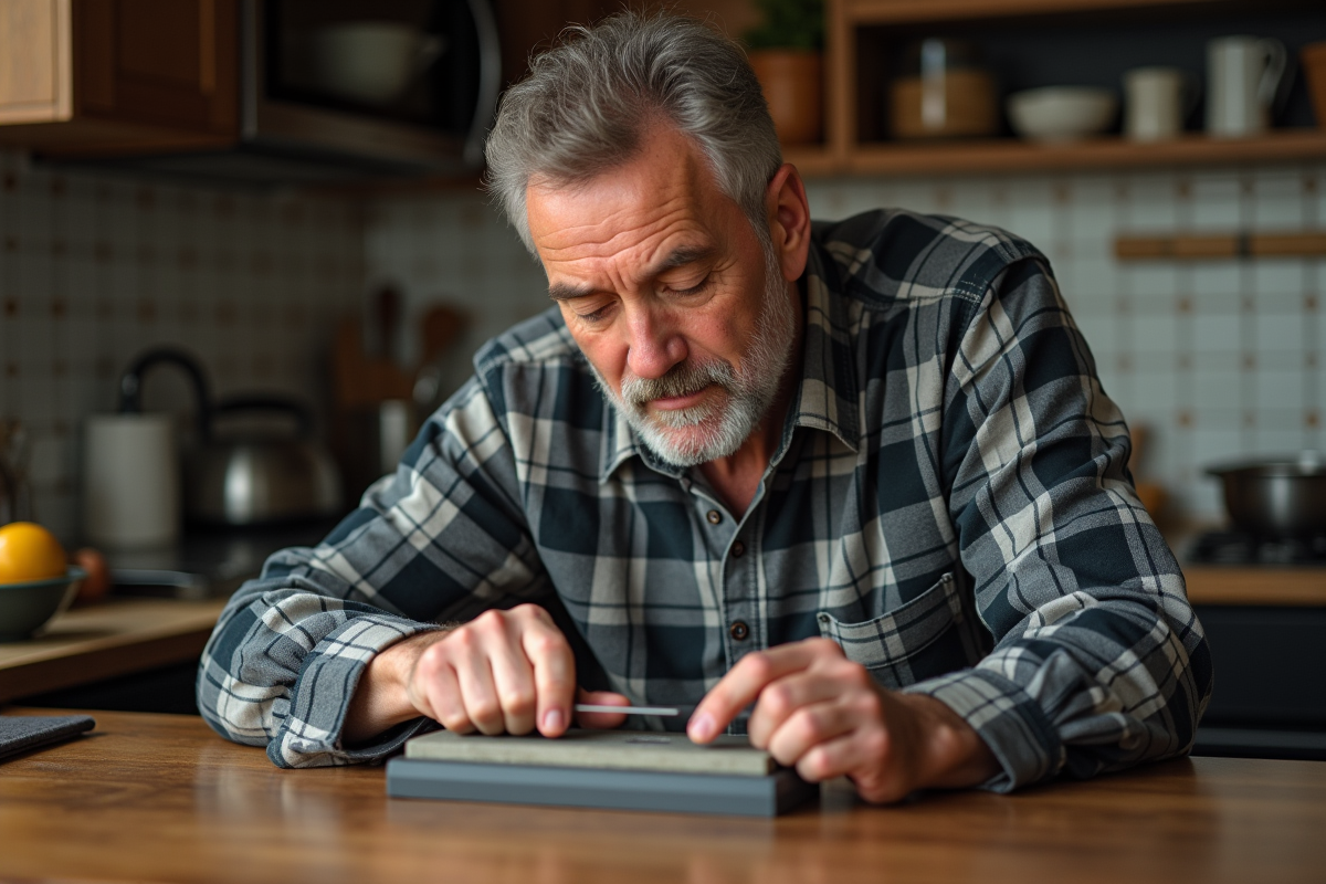 Homme d'âge moyen affûtant un couteau de cuisine dans une cuisine chaleureuse