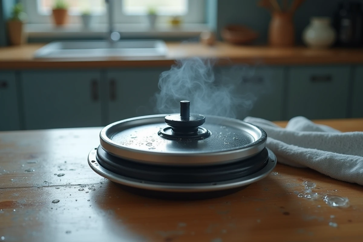 Gros plan sur le couvercle d'un Cookeo encore sous pression avec vapeur résiduelle visible
