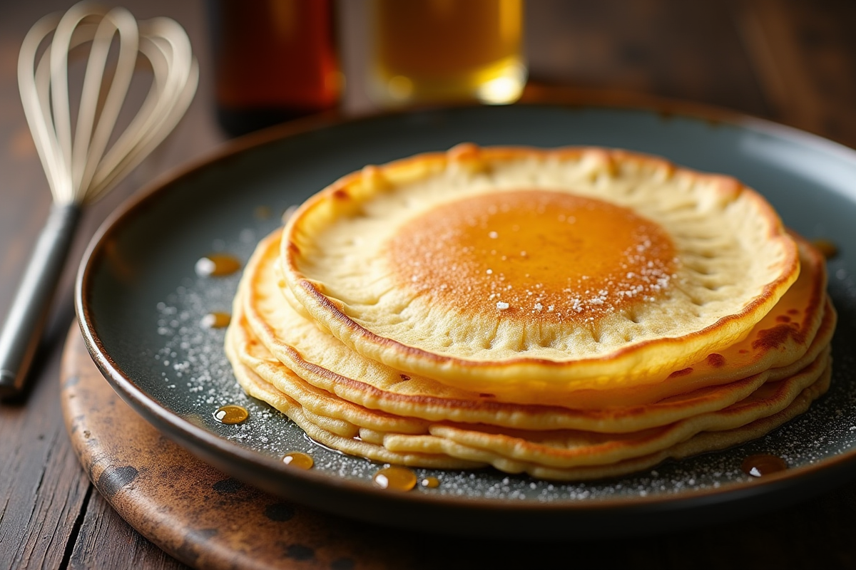 Crêpes fraîches empilées avec une bouteille de bière et un fouet à côté