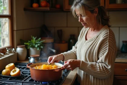 Femme en pull tricoté préparant de la confiture de coings dans la cuisine