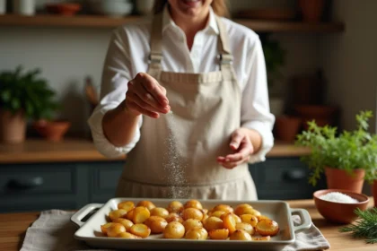 Femme en tablier saupoudrant sel sur pommes de terre dorées