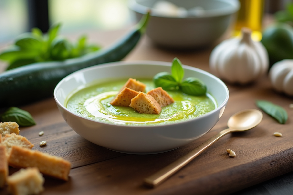 Gaspacho de courgettes dans une cuisine moderne avec ingrédients