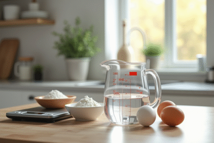 Cuisine moderne avec verre doseur et ingrédients naturels