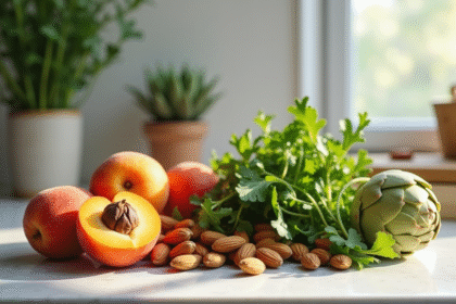 Plan de cuisine moderne avec des abricots et amandes frais