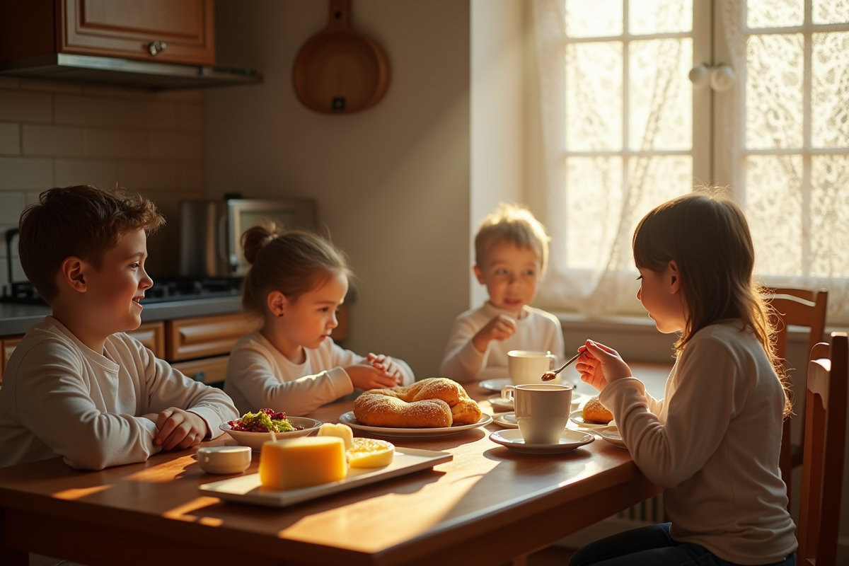 Petit déjeuner en cuisine portugaise avec famille et pain