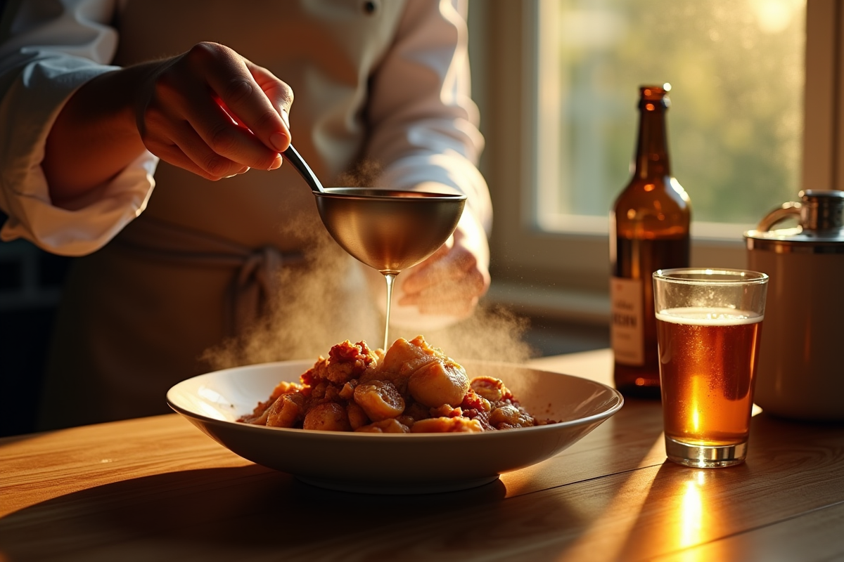 Cuisine chaleureuse avec chef servant ragoût de lapin