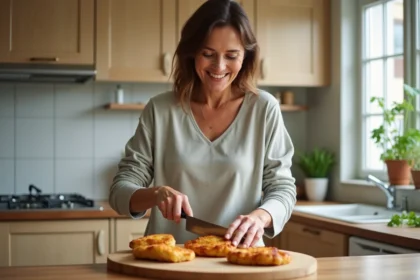 Femme coupant des escalopes de poulet dans une cuisine moderne