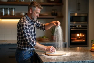 Homme en chemise à carreaux saupoudrant de la farine dans la cuisine