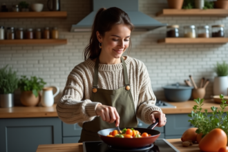 Femme en cuisine avec légumes sautés dans une poêle en fonte