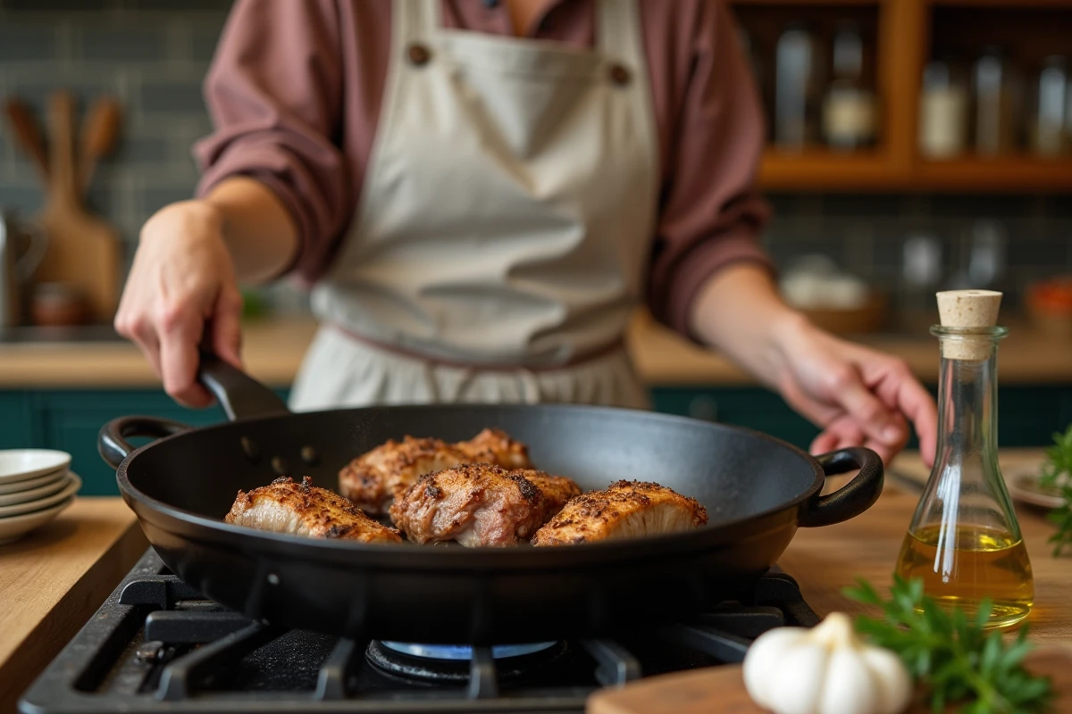 Femme cuisinant des abats d'agneau dans une poêle en fonte sur une cuisinière à gaz dans une cuisine provençale