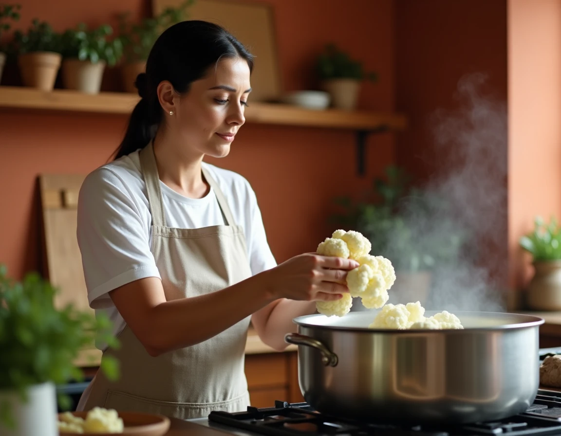 Femme plongeant des fleurettes de chou-fleur dans une casserole d'eau bouillante salée sur une cuisinière à gaz