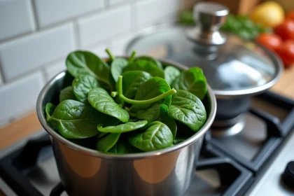 Épinards frais dans un panier vapeur en inox posé sur une cuisinière à gaz, couvercle en verre posé dessus avec de la condensation visible