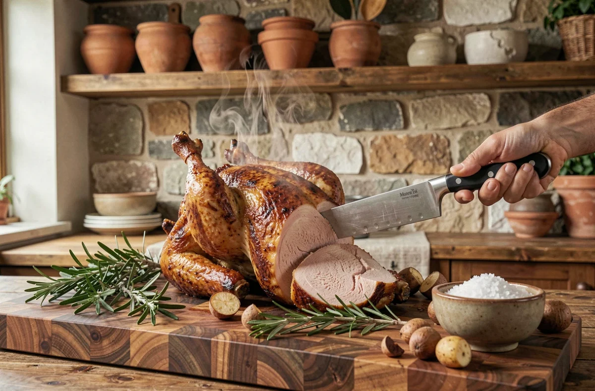 Découpe d'un poulet rôti juteux sur une planche en bois, accompagné de légumes rôtis et d'herbes fraîches après cuisson au four