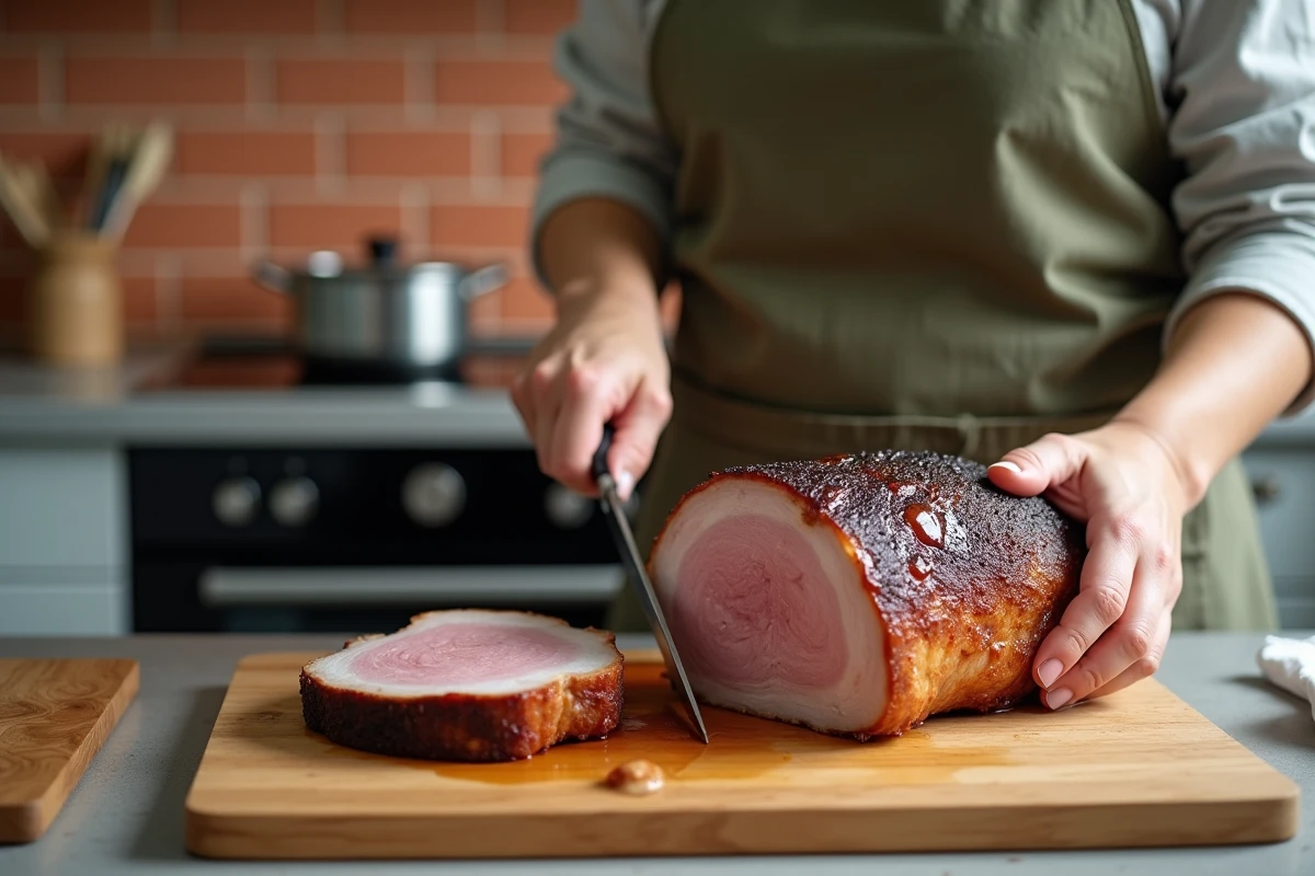 Femme découpant un rôti de porc juteux au fond de veau sur une planche en bois dans une cuisine moderne