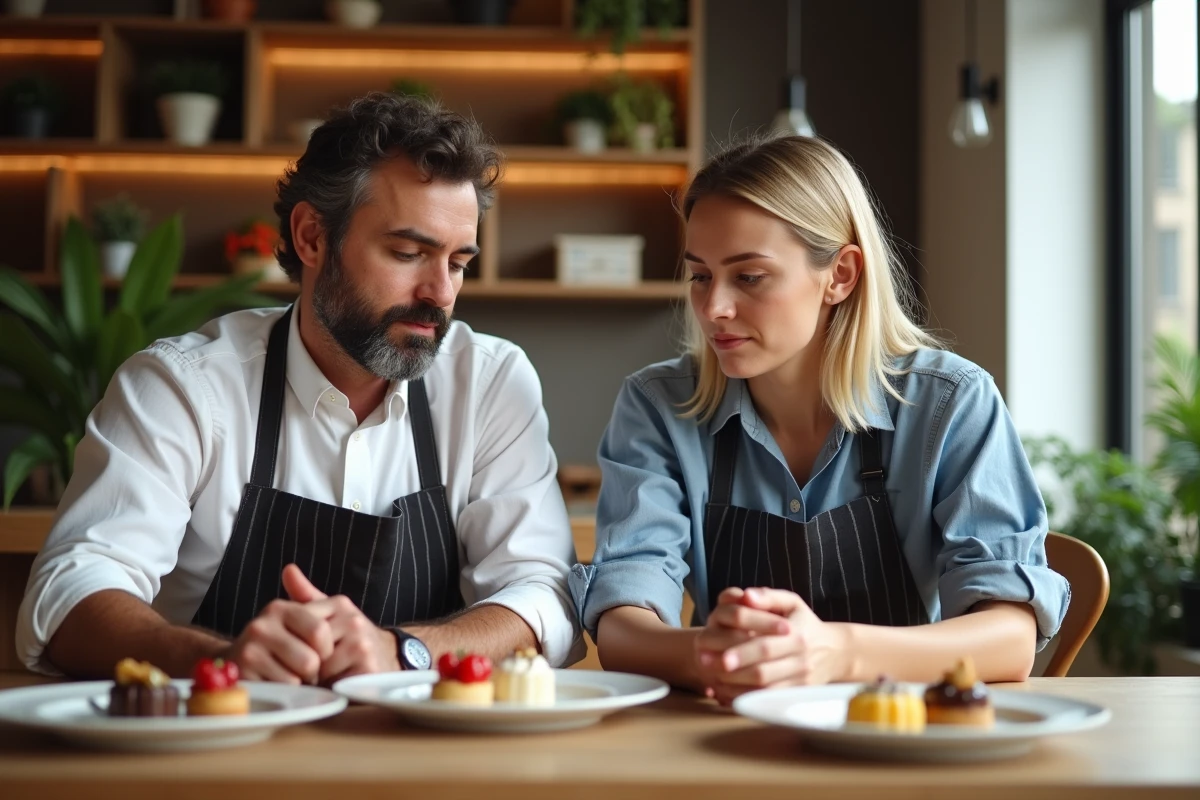 Deux pâtissiers discutant de desserts colorés dans un coin cosy