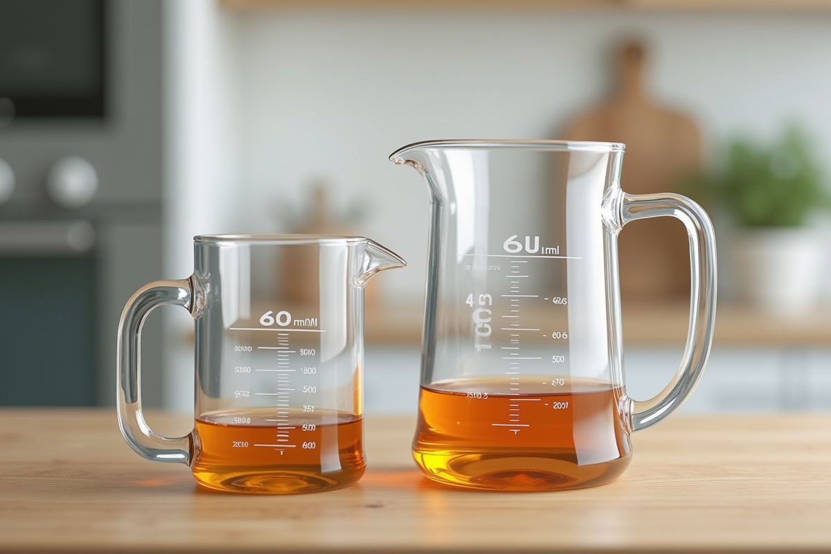 Deux jugs de mesure 60 ml et 6 cl sur surface en bois