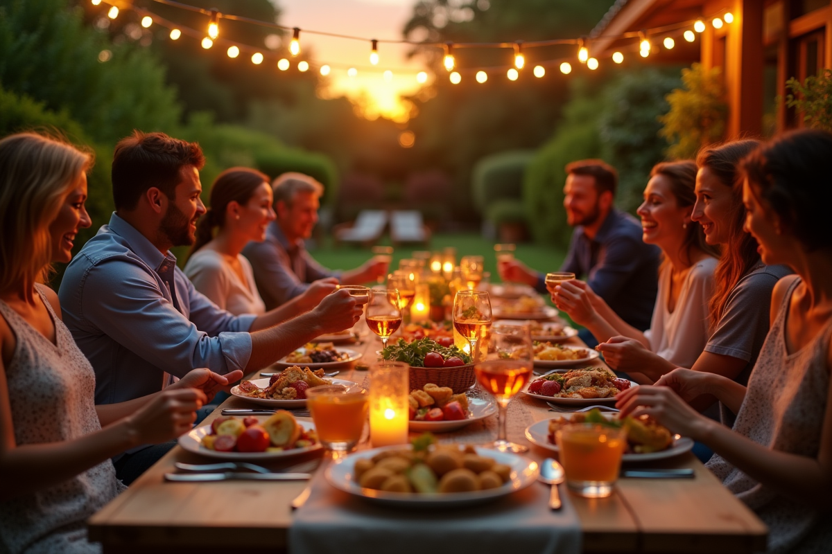 Dîner en plein air au coucher du soleil avec famille et amis