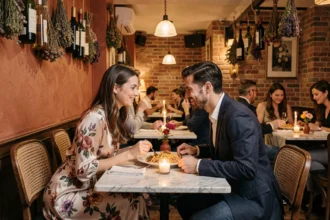 Couple en amoureux partageant un dîner romantique dans la salle chaleureuse du restaurant Ober Mamma à Paris 11e, décor en briques apparentes et bougies