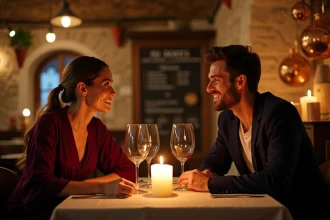 Couple en amoureux partageant un dîner romantique dans un restaurant original de Lyon avec des murs en pierre et une décoration vintage chaleureuse