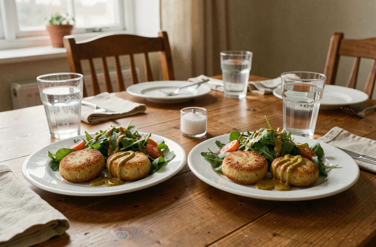 Deux assiettes de rapée de pomme de terre et salade verte servies sur une table familiale lors d'un dîner de semaine