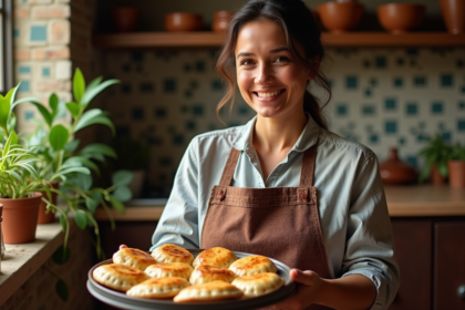 Femme argentine souriante servant des empanadas maison dans une cuisine chaleureuse
