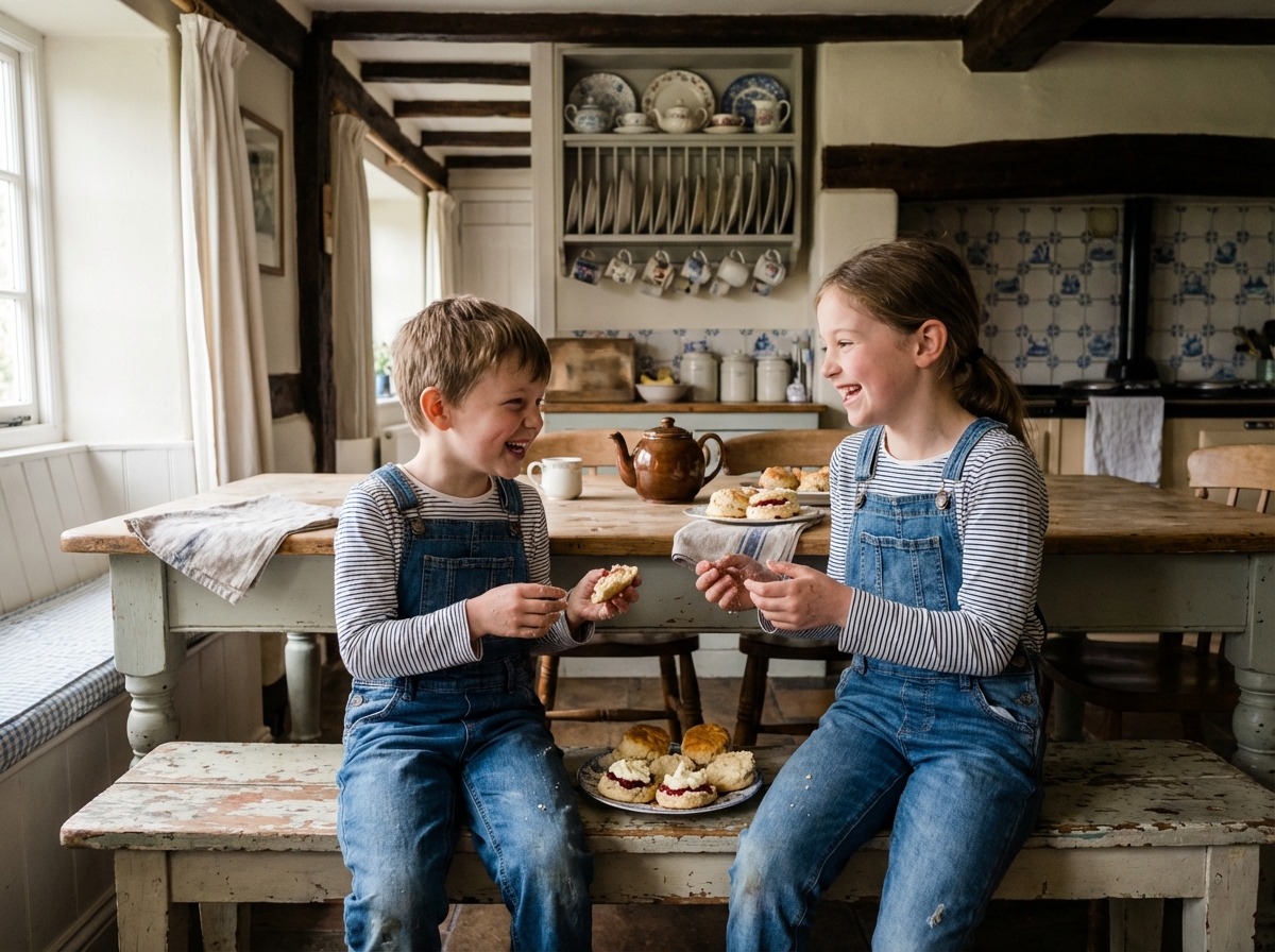 Enfants partageant des scones dans une cuisine chaleureuse