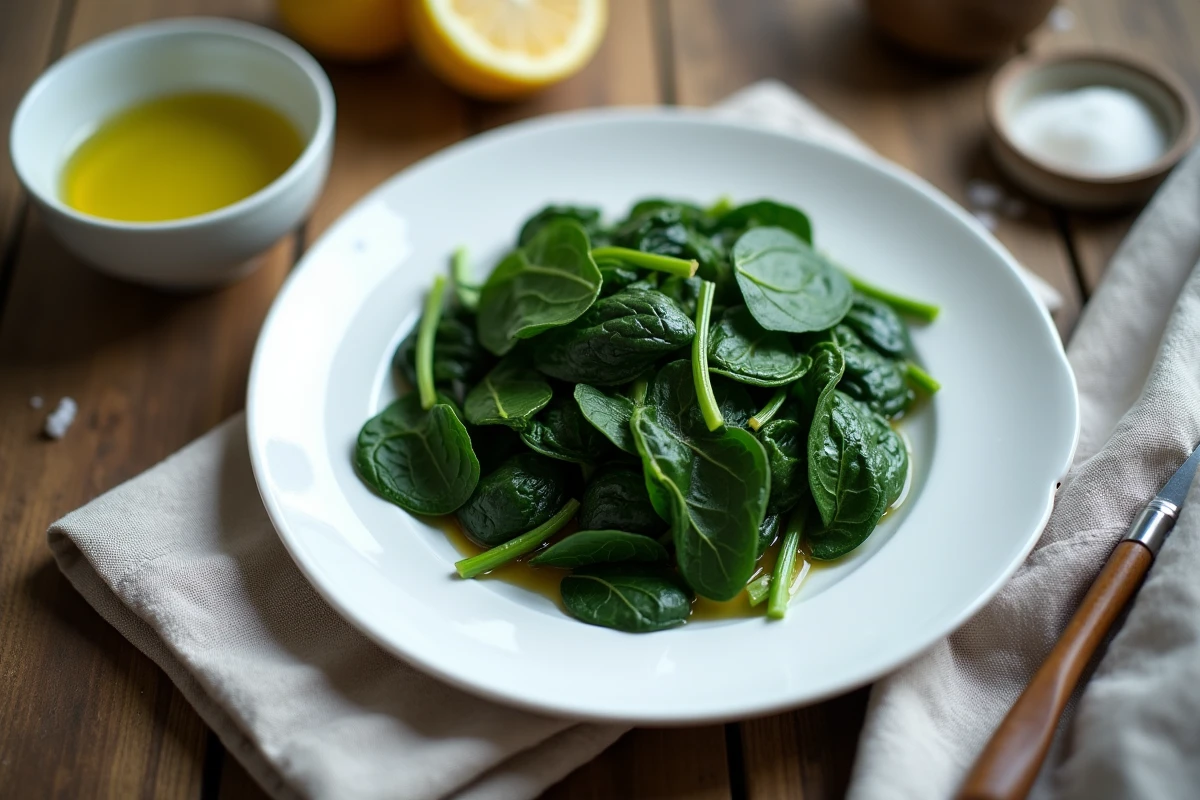 Assiette d'épinards cuits à la vapeur sur une table en bois avec citron, huile d'olive et fleur de sel, présentation simple et naturelle
