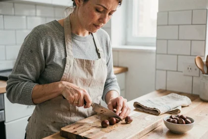Femme épluchant des châtaignes avec un couteau dans une petite cuisine urbaine