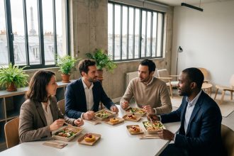 Équipe de bureau parisienne partageant des plateaux-repas autour d'une table de réunion moderne