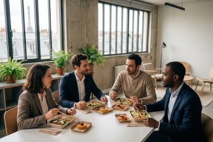 Équipe de bureau parisienne partageant des plateaux-repas autour d'une table de réunion moderne