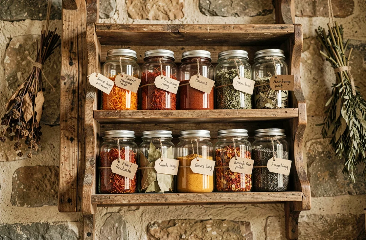 Étagère à épices vintage en bois avec bocaux en verre étiquetés à la main dans une cuisine de campagne française
