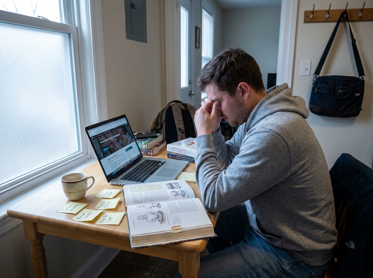 Homme étudiant le CAP cuisine à domicile le matin avant le travail avec un manuel et un cours en ligne sur ordinateur portable