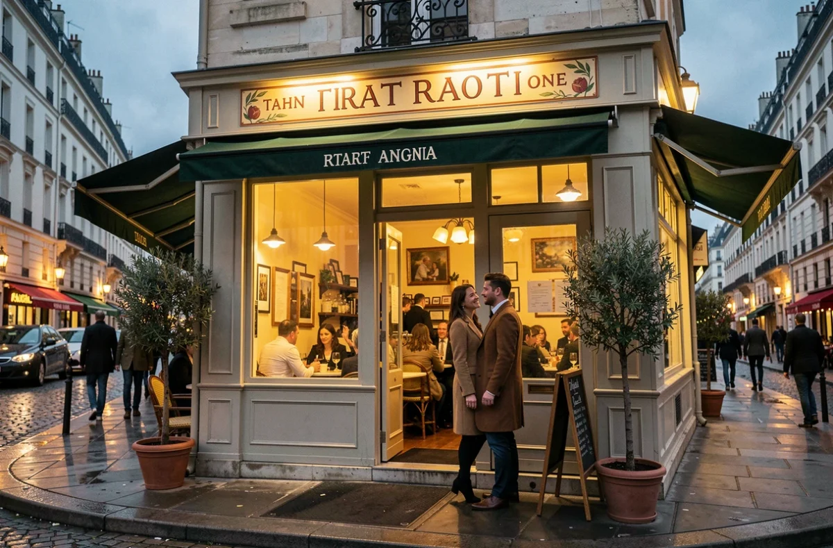 Façade du restaurant Ober Mamma dans le 11e arrondissement de Paris au crépuscule, couple élégant s'apprêtant à entrer pour un dîner en amoureux