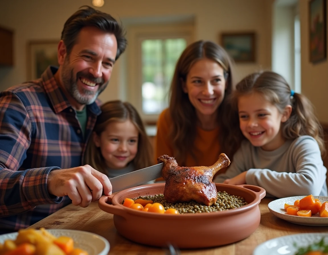 Famille réunie autour d'un confit de canard aux lentilles et légumes rôtis lors d'un repas convivial