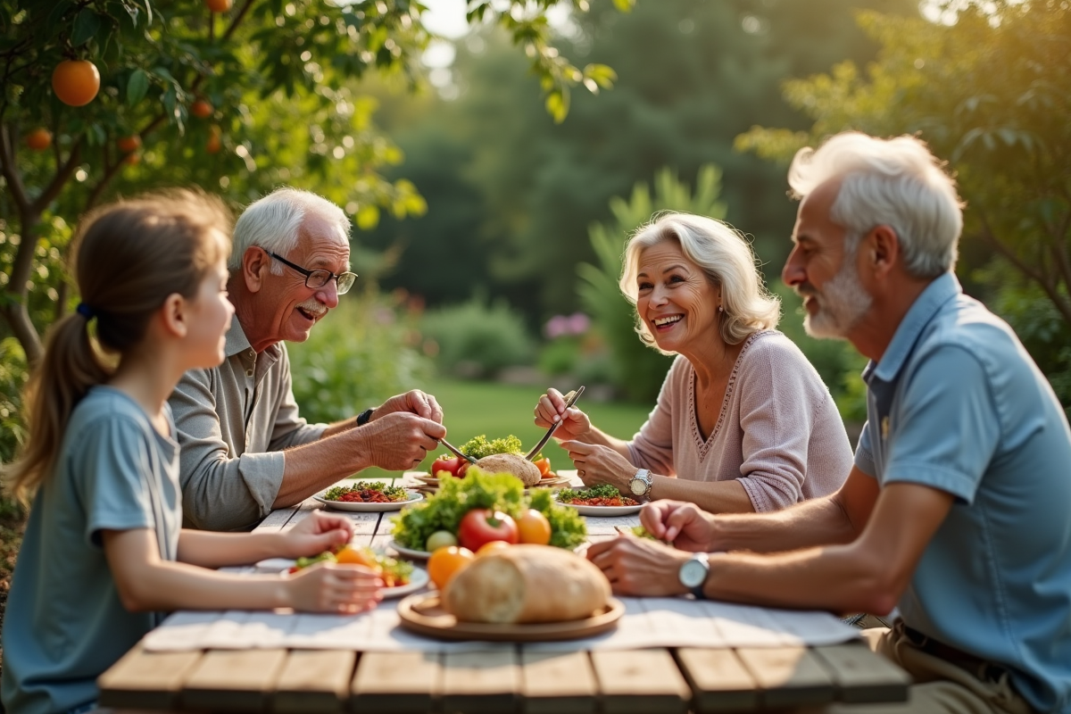 Famille autour d un repas en plein air dans le jardin