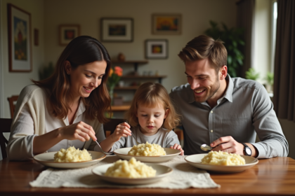 Famille de trois parents et un enfant mangeant des purées