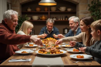 Famille multigenerational partageant un repas convivial avec paupiette de veau
