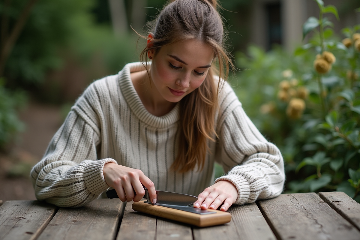 Jeune femme affûtant un couteau en extérieur sur une table en bois