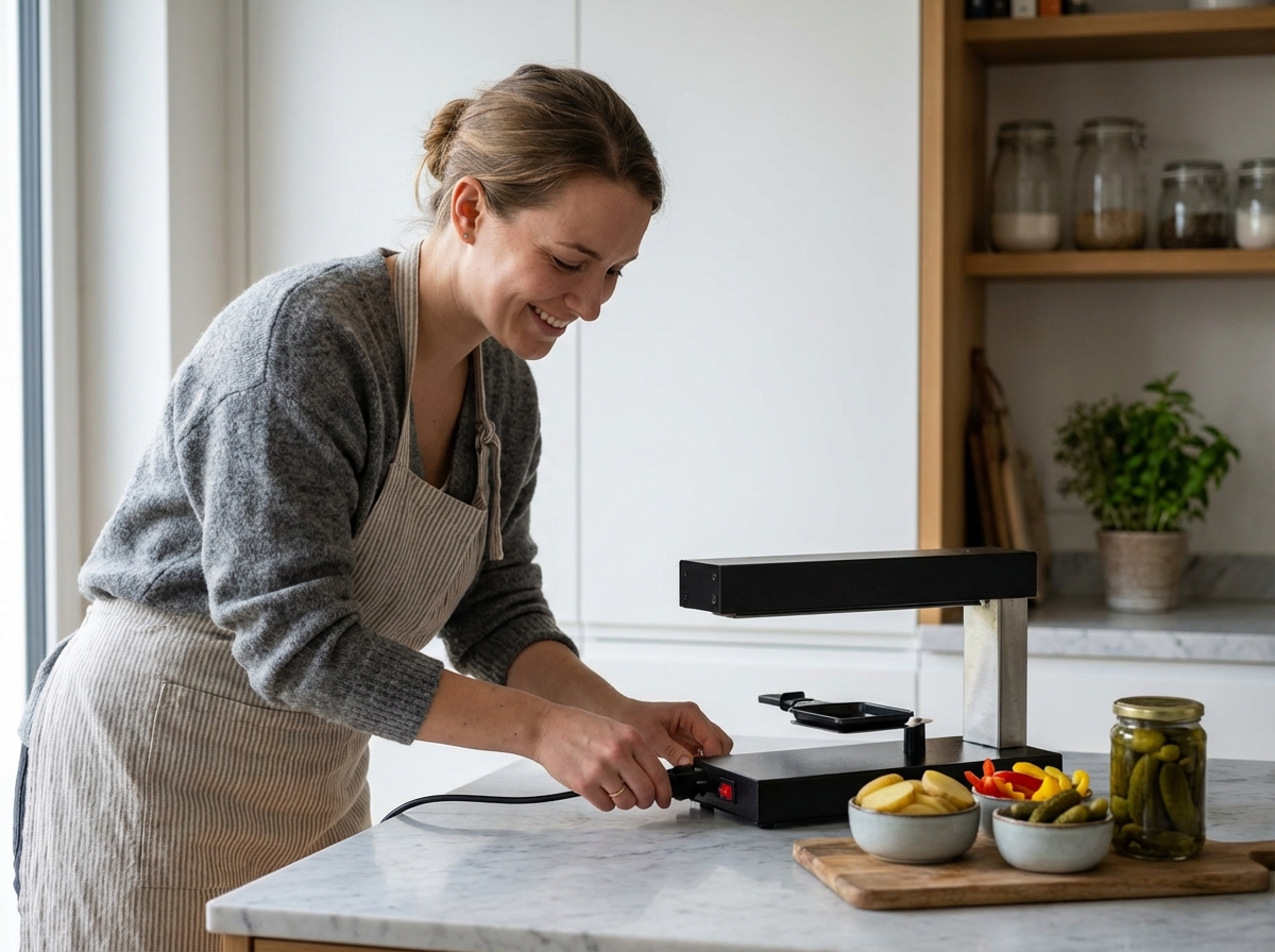 Jeune femme branchant une machine à raclette dans la cuisine moderne