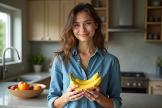 Jeune femme tenant deux bananes bio et conventionnelles