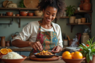 Femme brésilienne souriante garnissant une feijoada traditionnelle