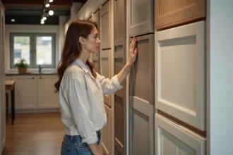 Femme examine des portes de cuisine modernes en show-room