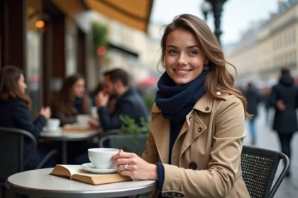 Jeune femme au café à Paris avec trench beige et écharpe navy