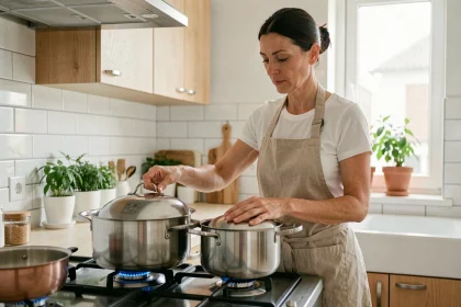 Femme en tablier déposant le couvercle d'une cocotte minute sur une gazinière dans une cuisine scandinave moderne